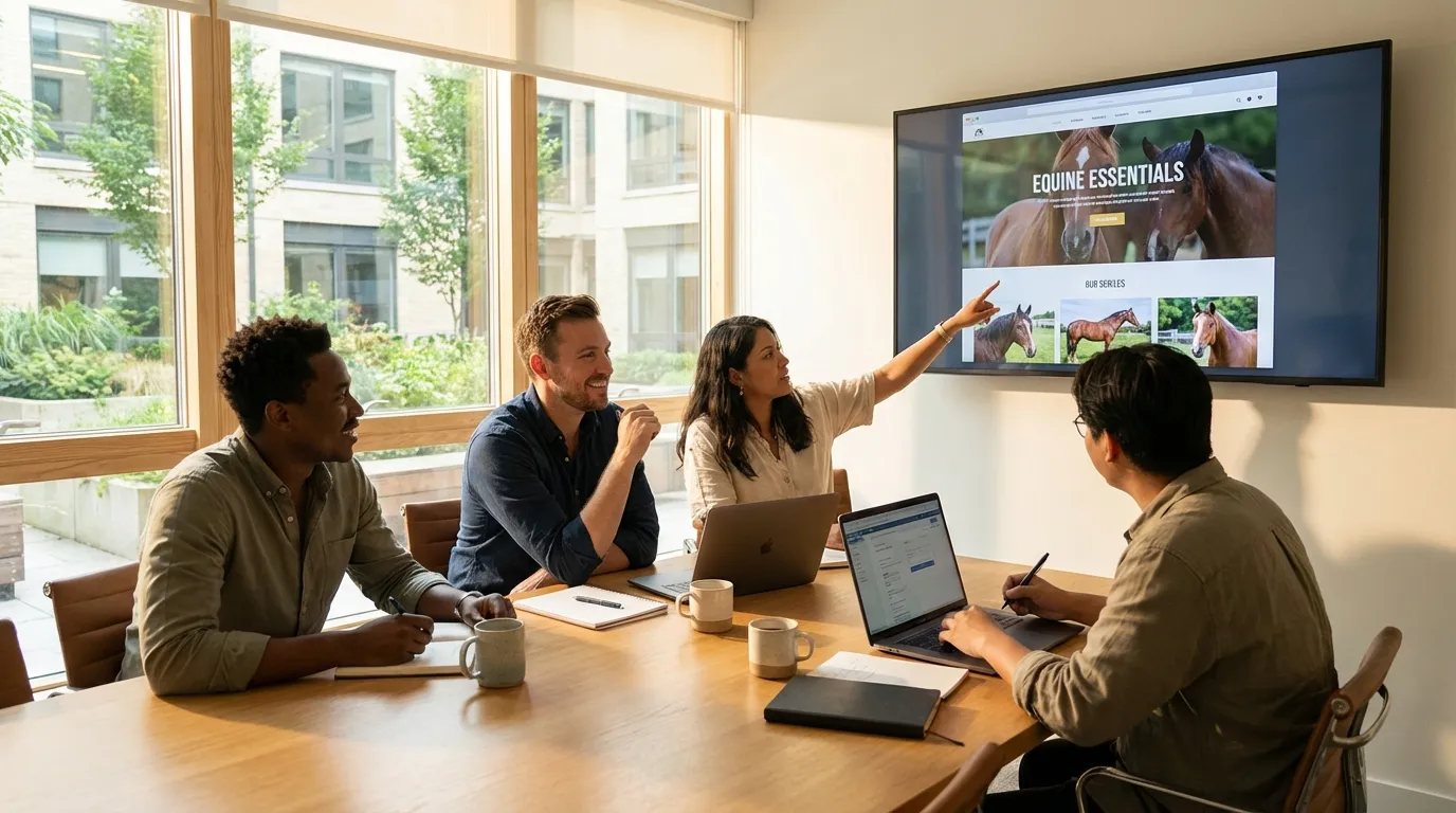 Équipe d'une agence digitale spécialisée équestre en réunion devant un écran avec un site de sellerie