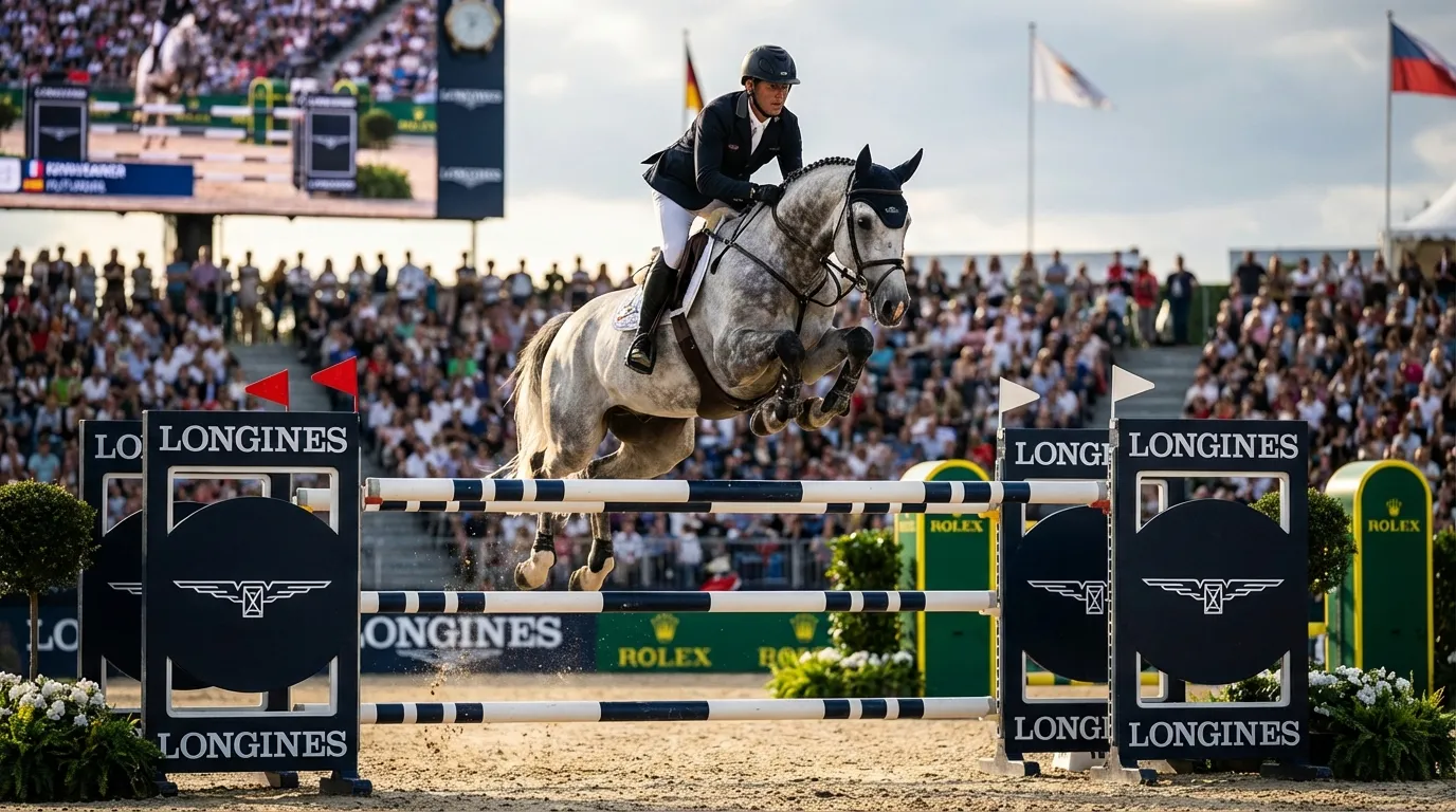Cavalier professionnel en compétition de saut d'obstacles lors d'un Grand Prix