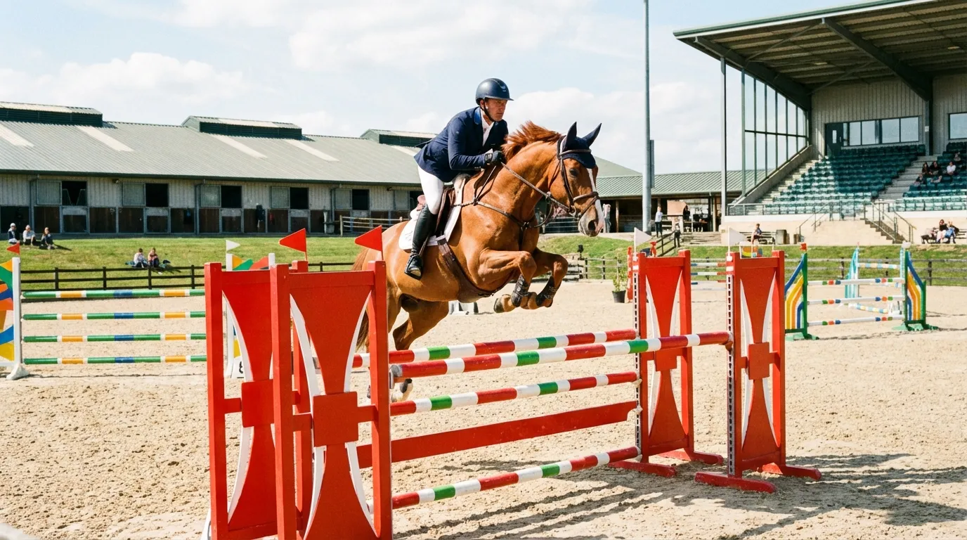 Cavalier professionnel à l'entraînement sur un parcours d'obstacles
