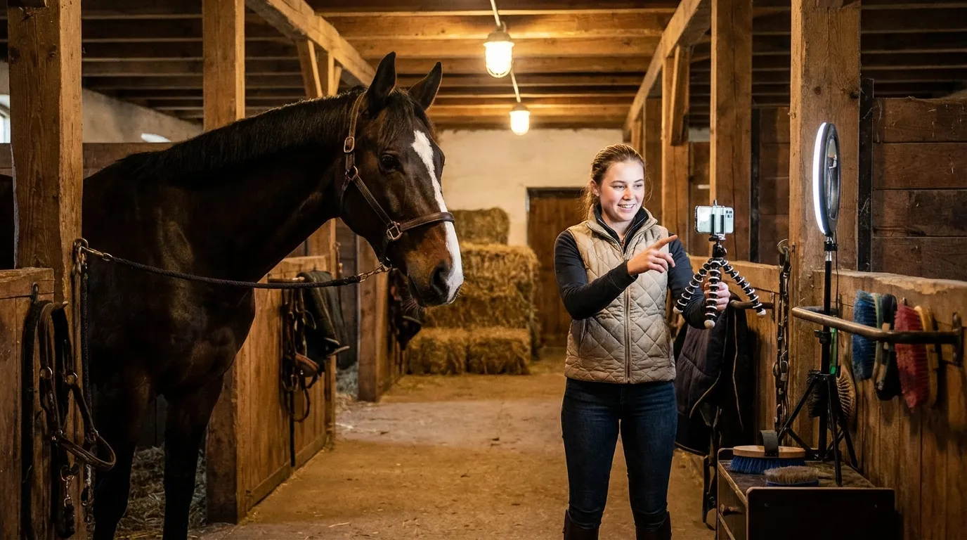 Community manager équestre créant du contenu photo dans une écurie avec un smartphone