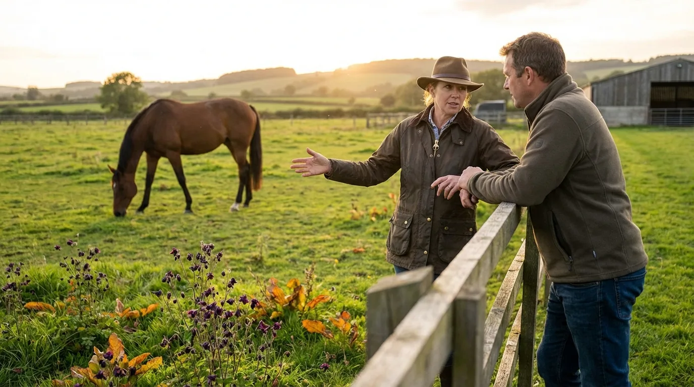 Comportementaliste équin en consultation avec un propriétaire observant un cheval dans un paddock