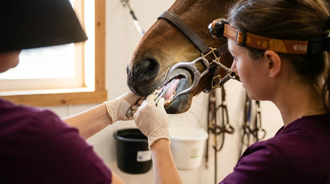 Technicien dentaire équin examinant la bouche d'un cheval avec un pas-d'âne