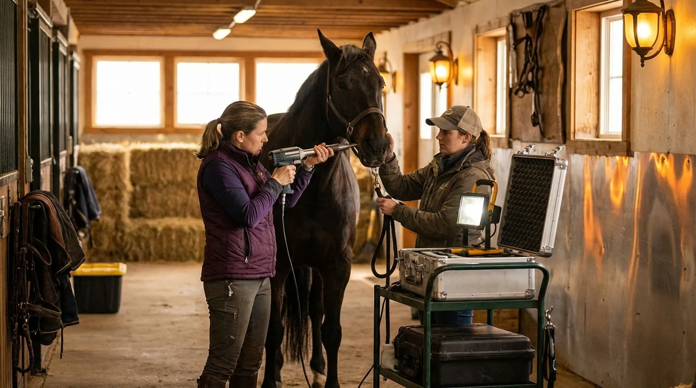 Dentiste équin en intervention dans une écurie, râpant les dents d'un cheval