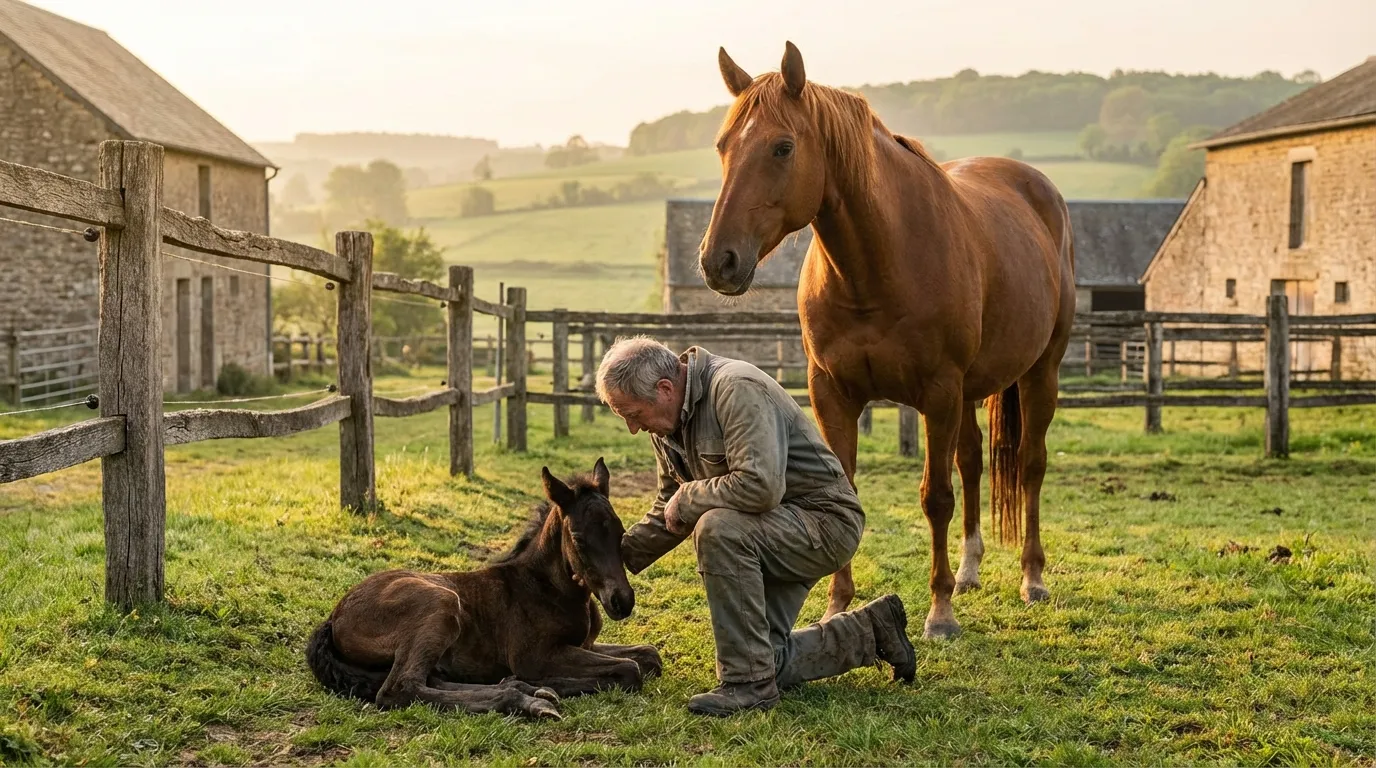 Éleveur de chevaux observant un poulain dans un paddock en Normandie
