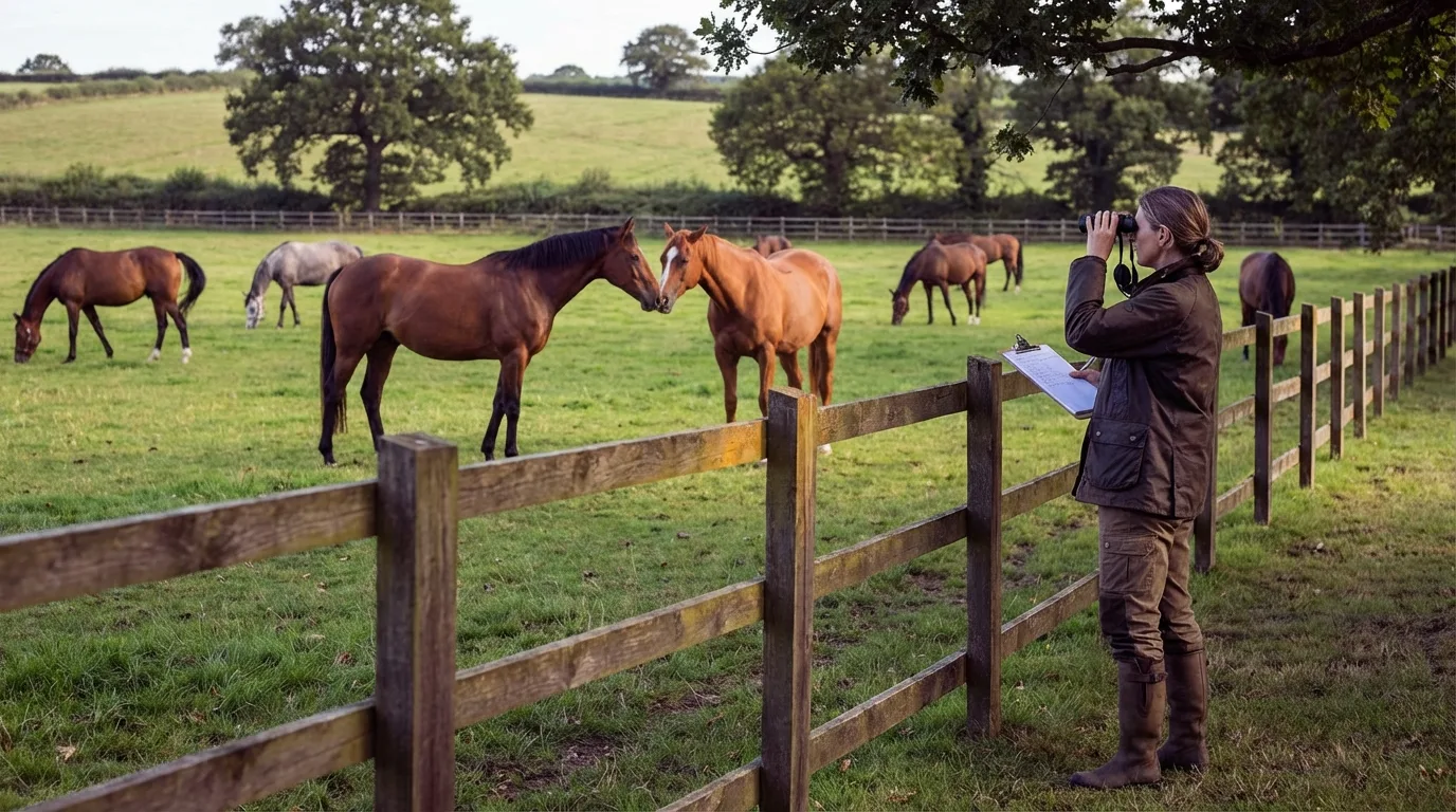 Éthologue équin observant un troupeau de chevaux au pré