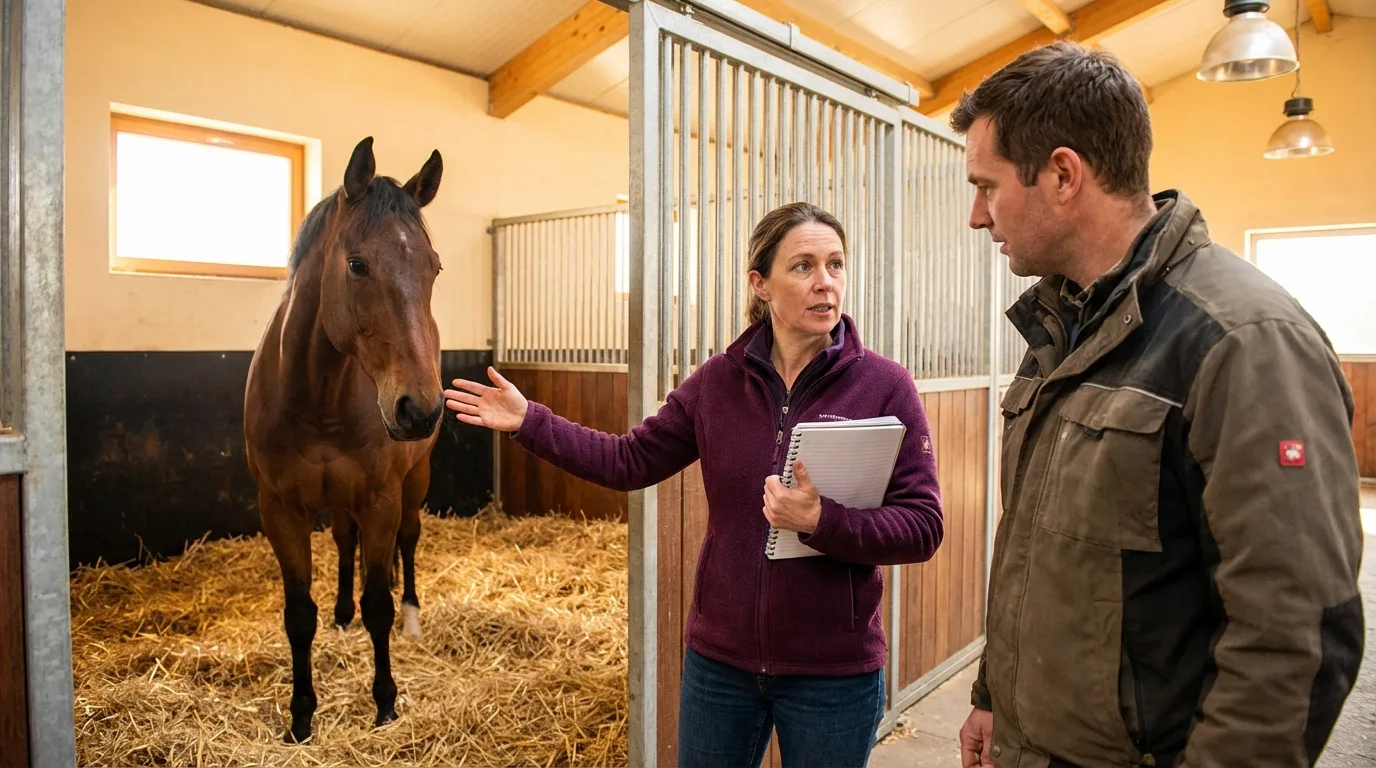 Éthologue équin en séance de conseil dans une écurie