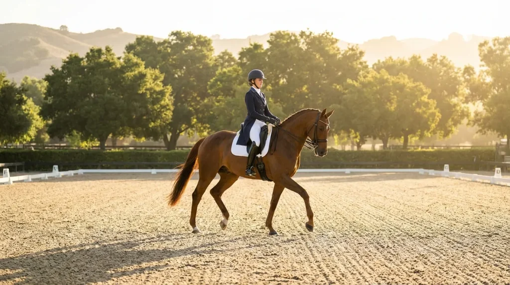 Cavalier professionnel sur un cheval de sport dans une carrière d'entraînement