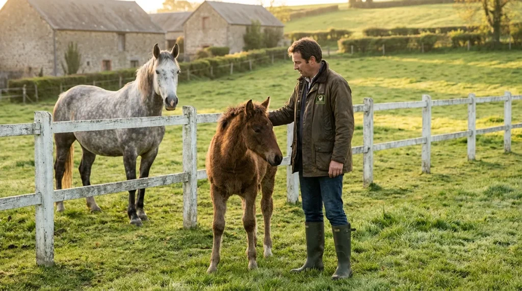 Éleveur de chevaux avec un poulain dans un pâturage normand au lever du soleil