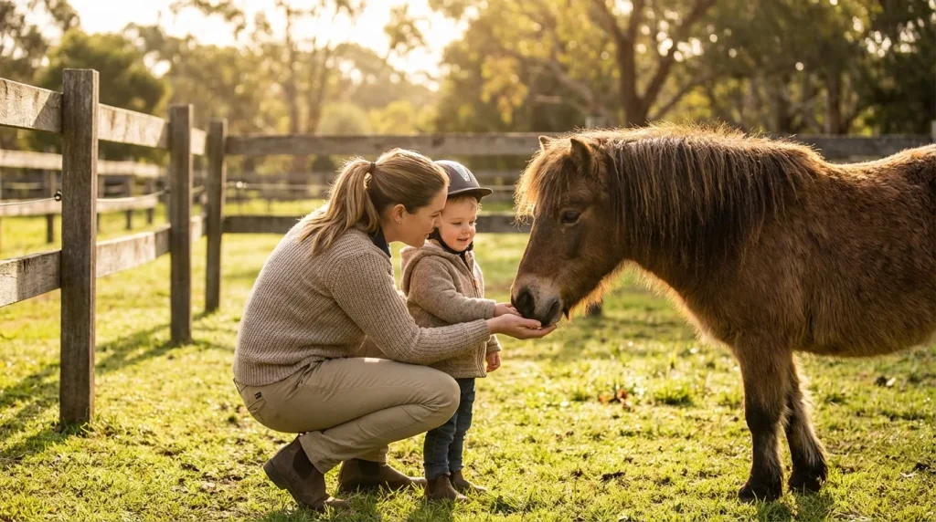 Séance d'équithérapie : un enfant touche le museau d'un poney accompagné de l'équithérapeute