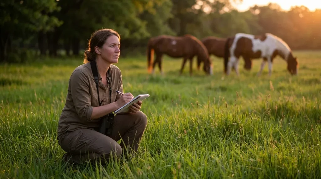 Éthologue équin observant des chevaux au pré au coucher du soleil