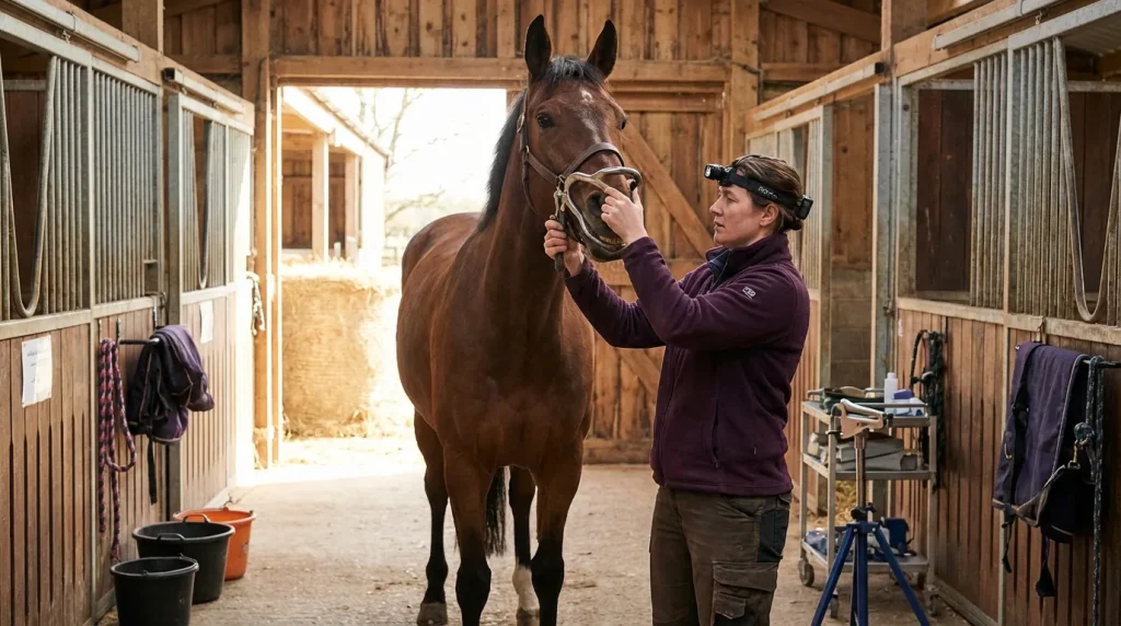 Dentiste équin examinant la bouche d un cheval dans une écurie