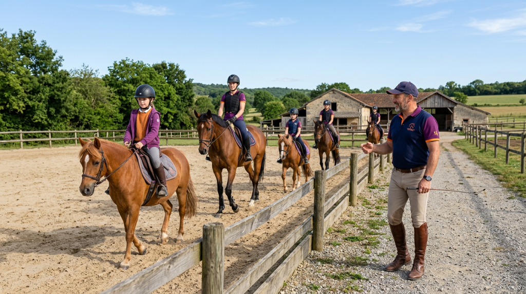 Moniteur d'équitation donnant une leçon en carrière à un groupe de cavaliers