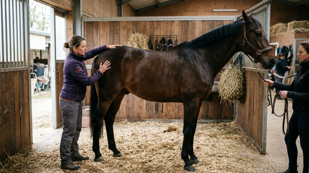 Ostéopathe équin en séance de soin sur un cheval en écurie
