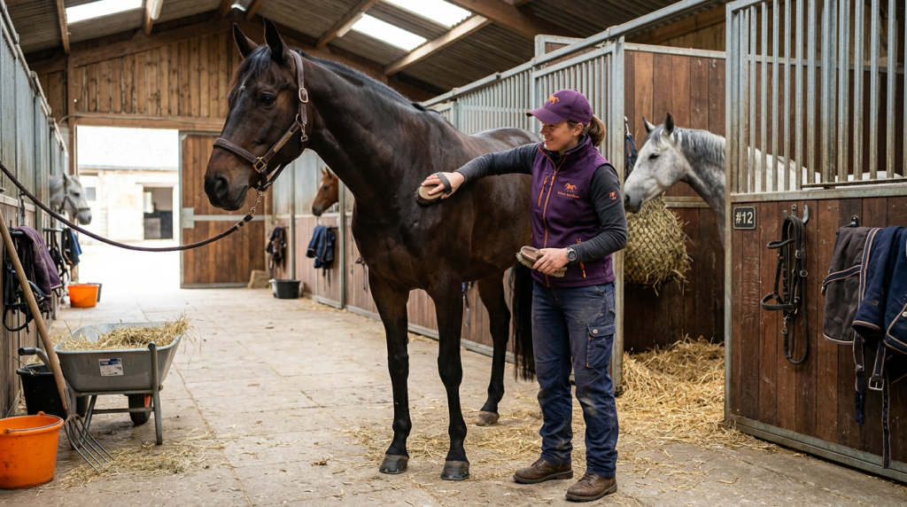 Palefrenier ou groom au travail dans une écurie avec des chevaux