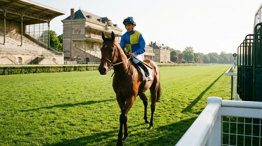 Jockey de plat en casaque bleue et jaune marchant vers les stalles de départ
