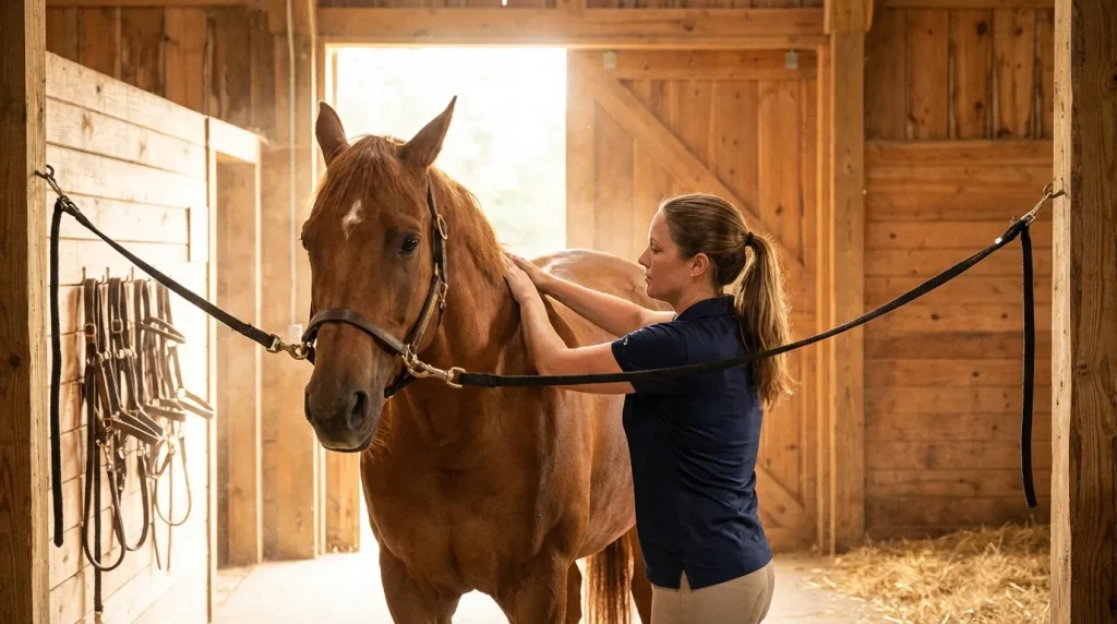 Masseur équin professionnel pratiquant un massage sur le dos d'un cheval