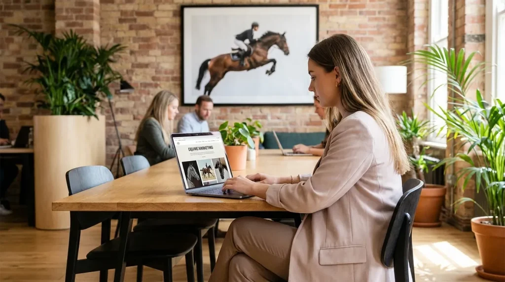 Professionnelle du marketing digital équestre travaillant sur un ordinateur