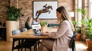 Professionnelle du marketing digital équestre travaillant sur un ordinateur