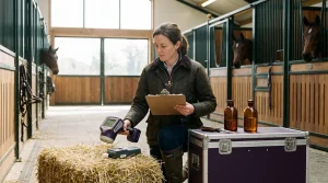 Nutritionniste équin au travail dans une écurie