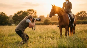 Photographe équestre en action photographiant un cheval et son cavalier en lumière dorée