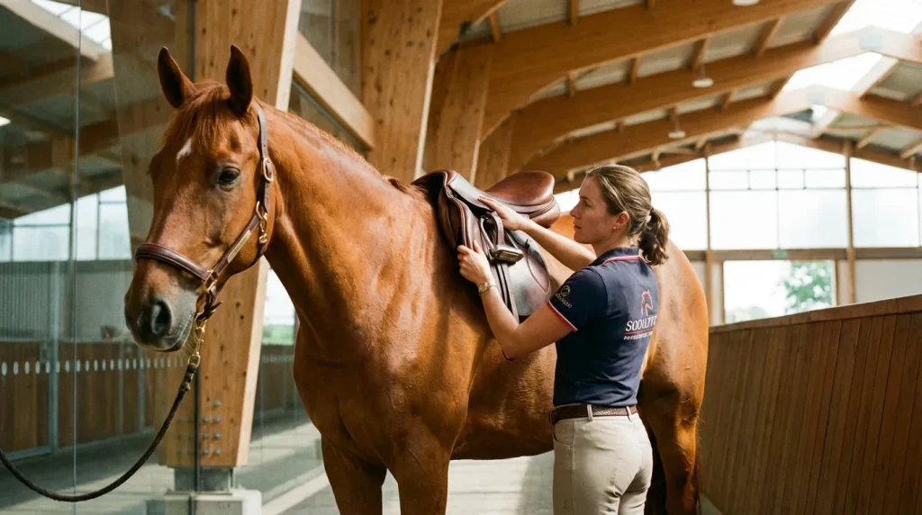 Saddle fitter professionnelle ajustant une selle sur un cheval dans un centre équestre