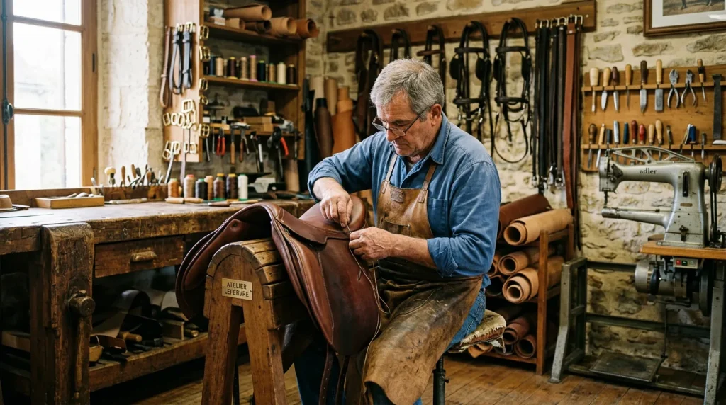 Sellier harnacheur au travail dans son atelier, fabrication de selles et équipements en cuir