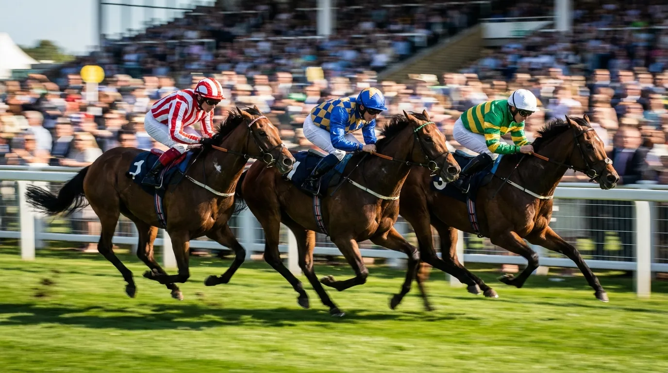 Jockey en pleine course de plat sur un hippodrome