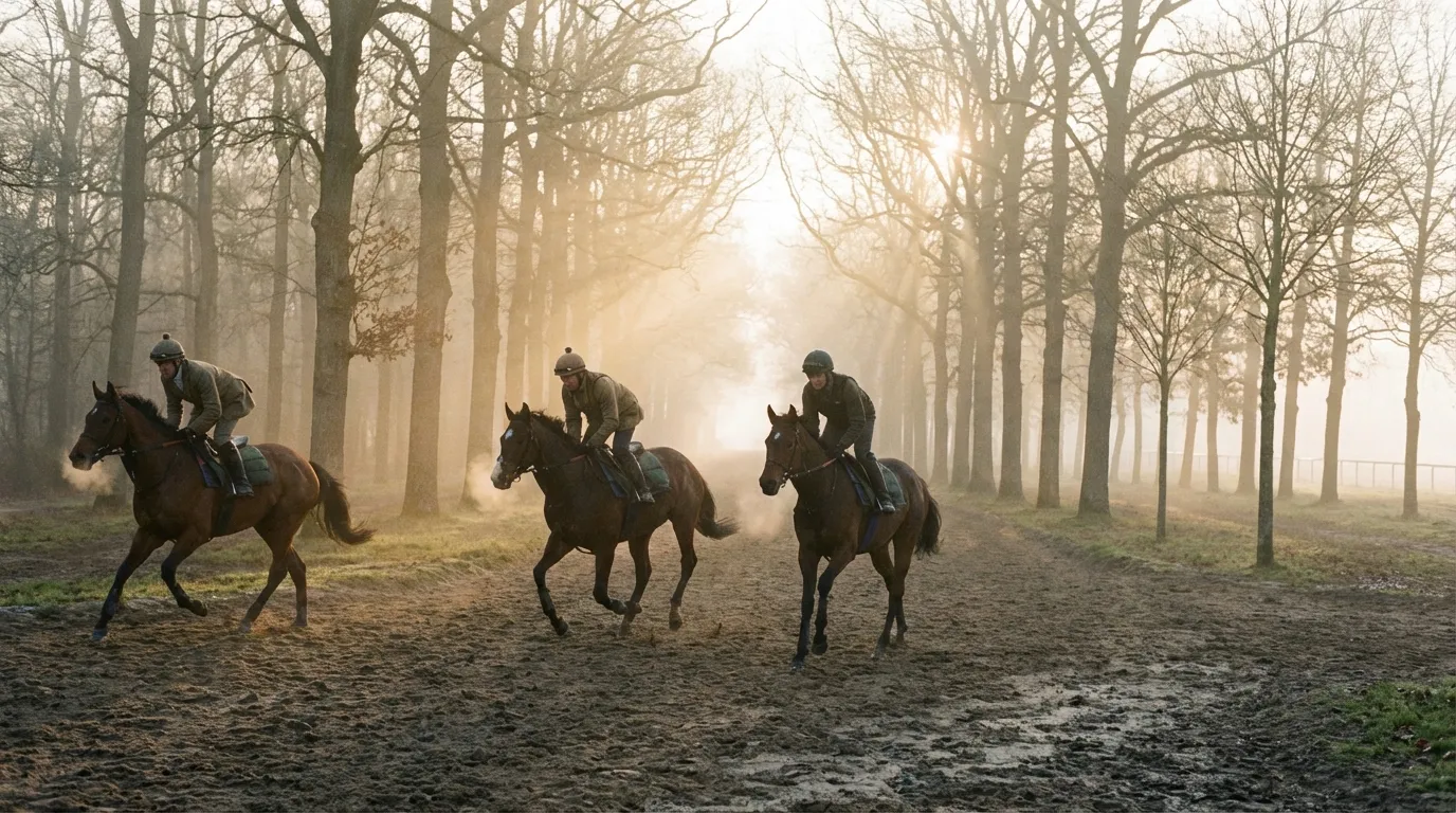 Jockeys à l'entraînement matinal au galop sur une piste de Chantilly