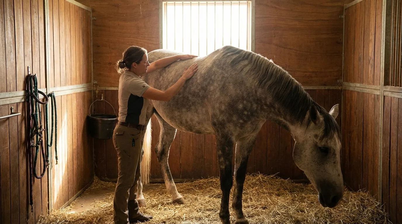 Séance de massage équin dans une écurie avec un cheval au calme