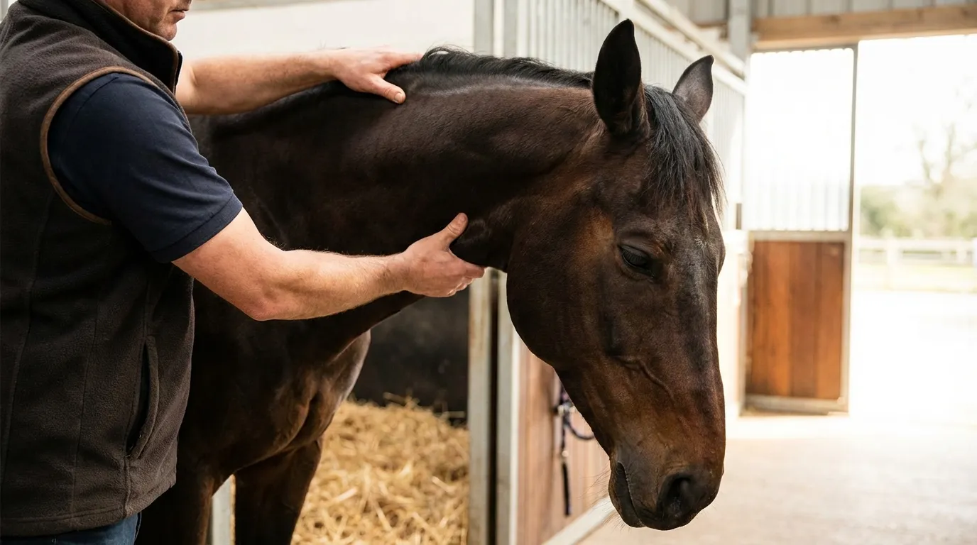 Masseur équin pratiquant un pétrissage sur l'encolure d'un cheval