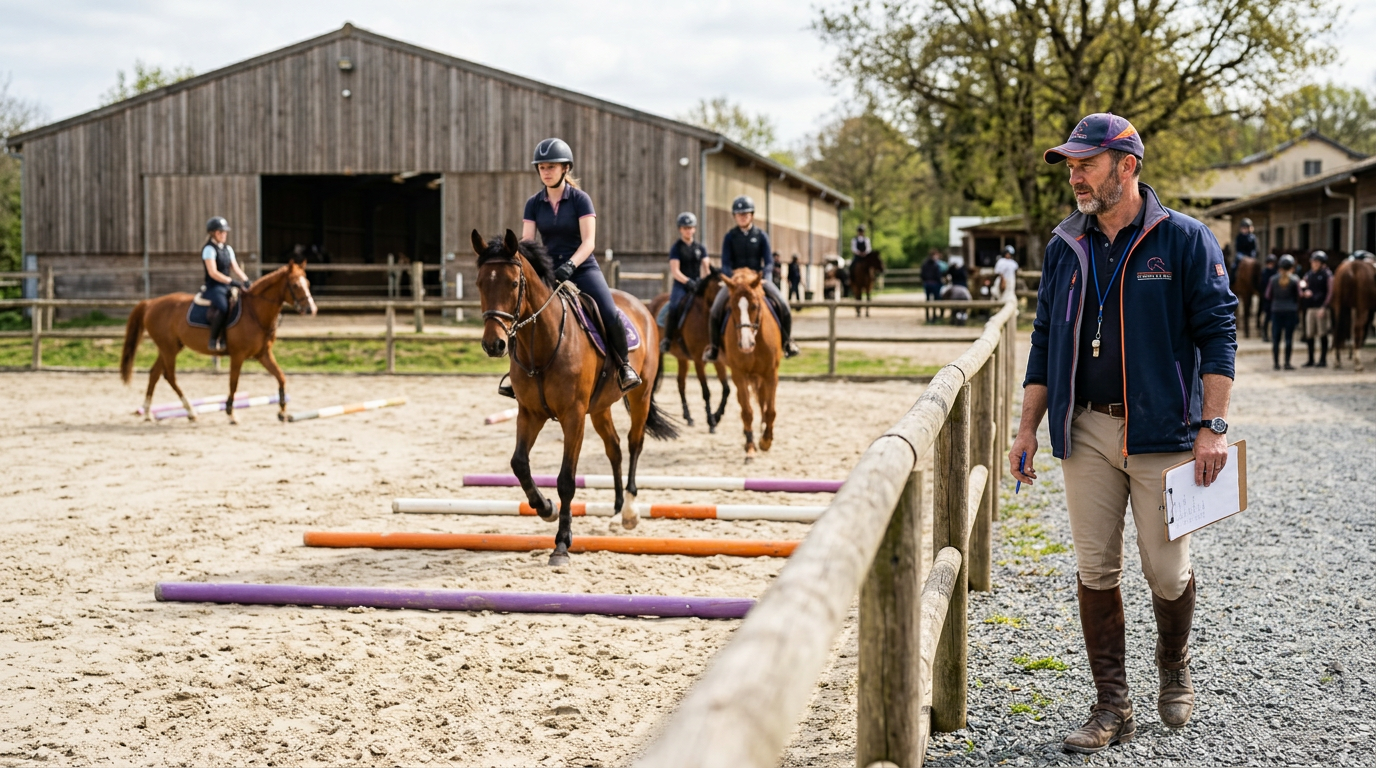 Moniteur d'équitation en bord de carrière lors d'un cours collectif
