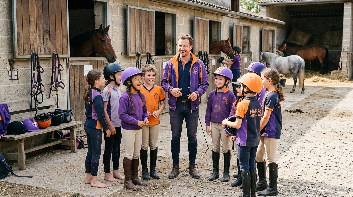 Moniteur d'équitation encadrant un stage enfants en centre équestre
