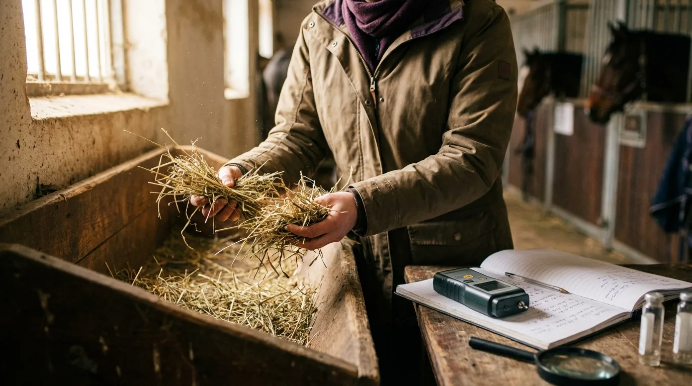 Nutritionniste équin réalisant une analyse de fourrage dans une écurie
