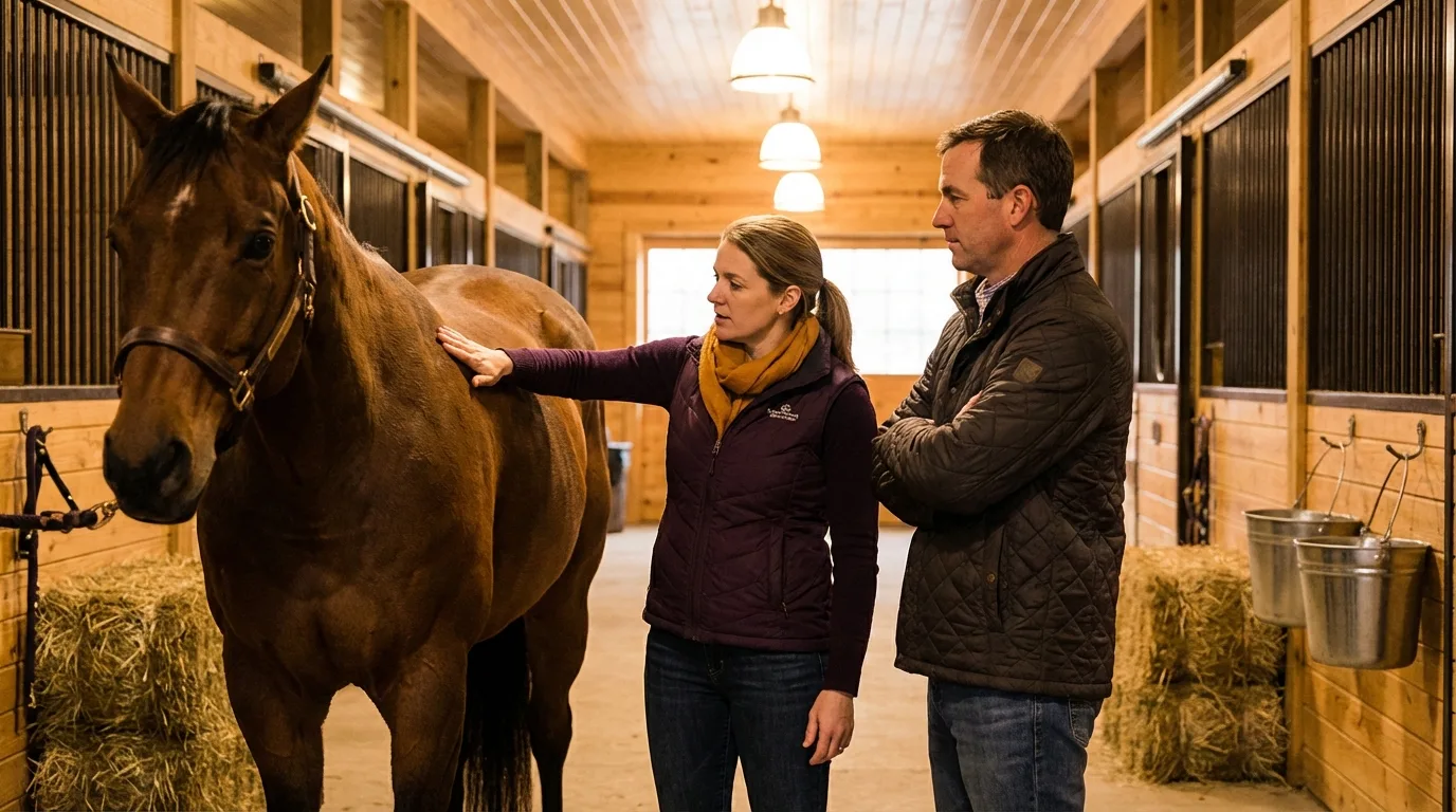 Nutritionniste équin en consultation auprès d'un cheval dans une écurie