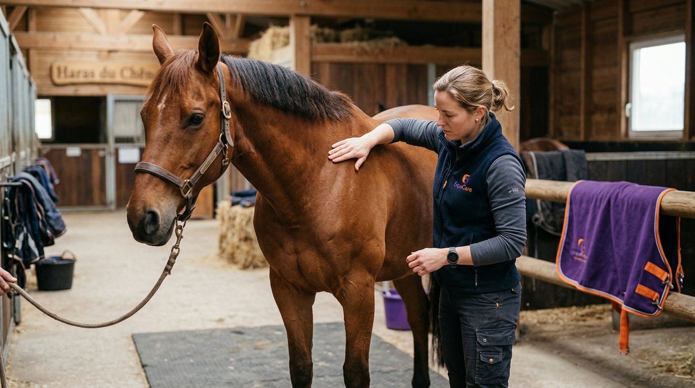 Ostéopathe équin en palpation sur l'épaule d'un cheval