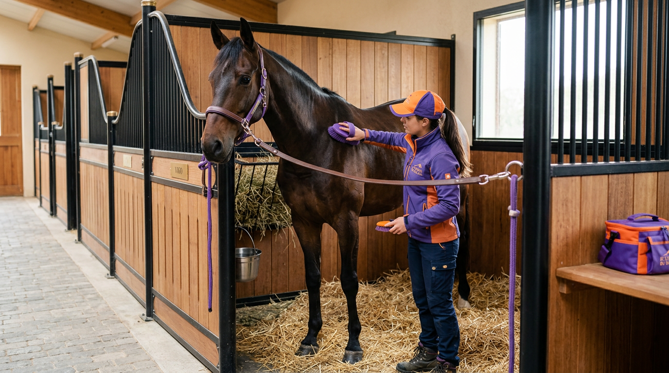 Palefrenier en train de panser un cheval au box
