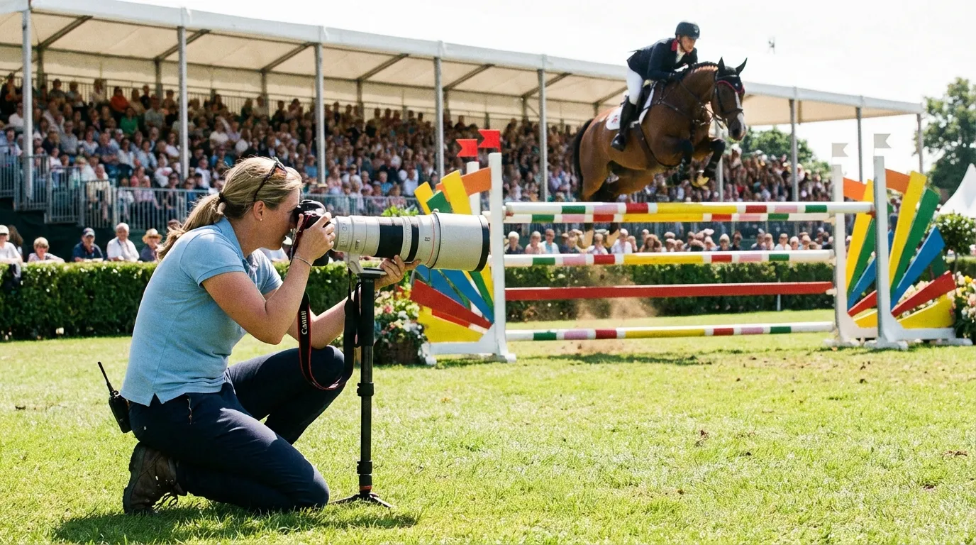 Photographe équestre en action au bord d'une carrière de CSO lors d'un concours