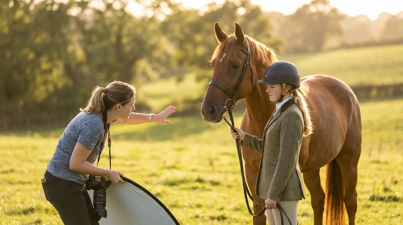 Photographe équestre réalisant une séance portrait avec un cavalier et son cheval en extérieur