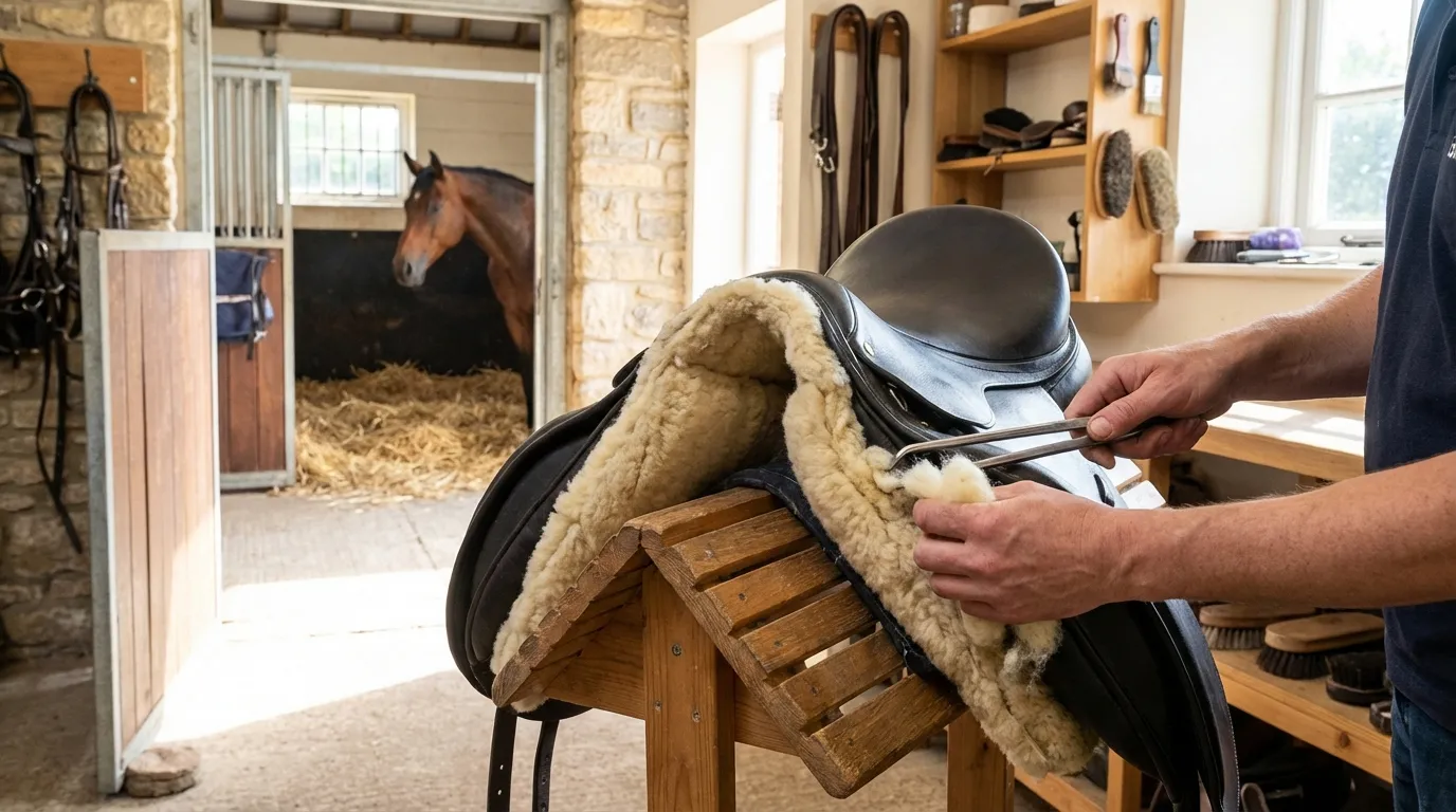 Saddle fitter ajustant la matelassure d'une selle dans une écurie