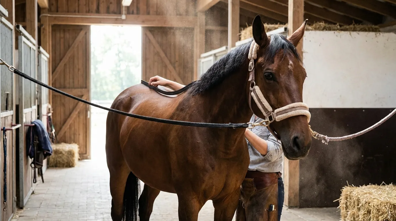 Saddle fitter analysant le dos d'un cheval avec un gabarit flexible
