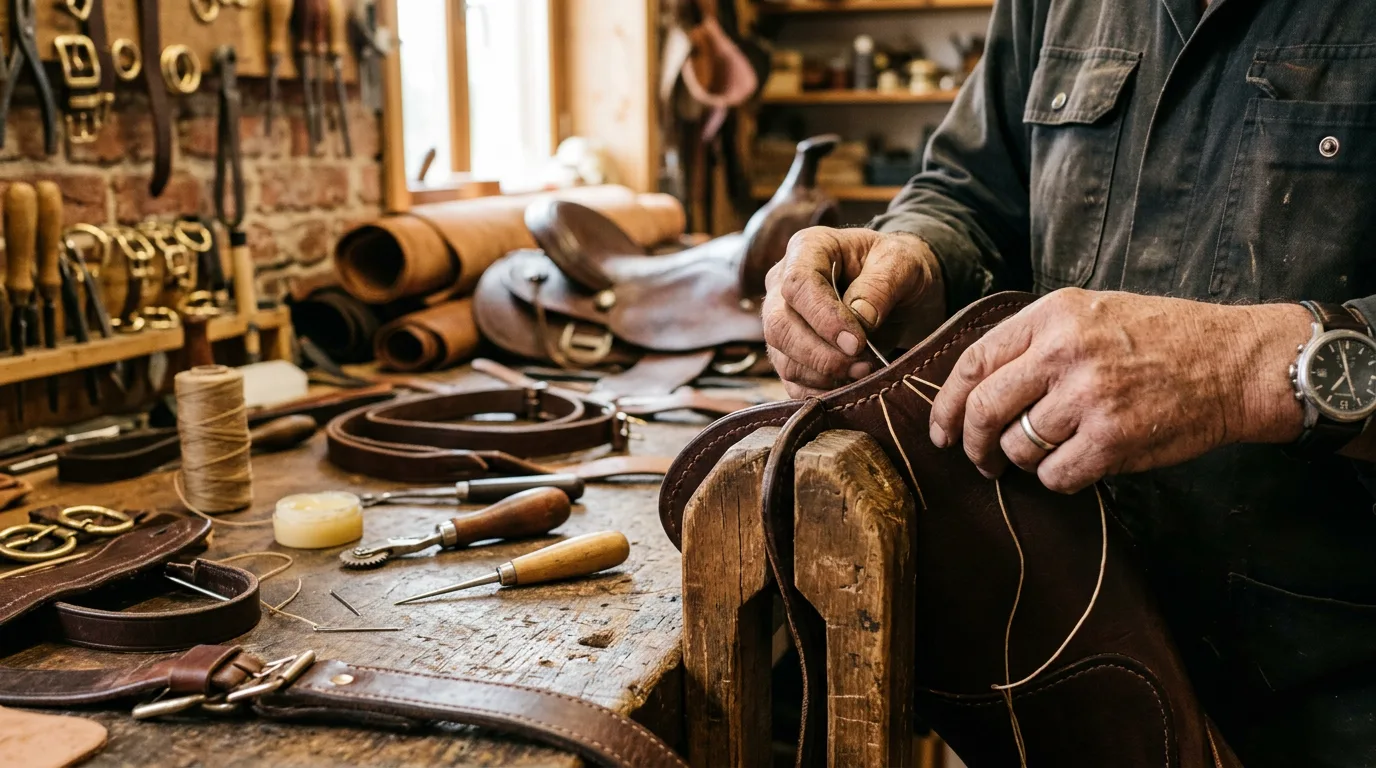 Atelier de sellier harnacheur, travail du cuir et outillage traditionnel